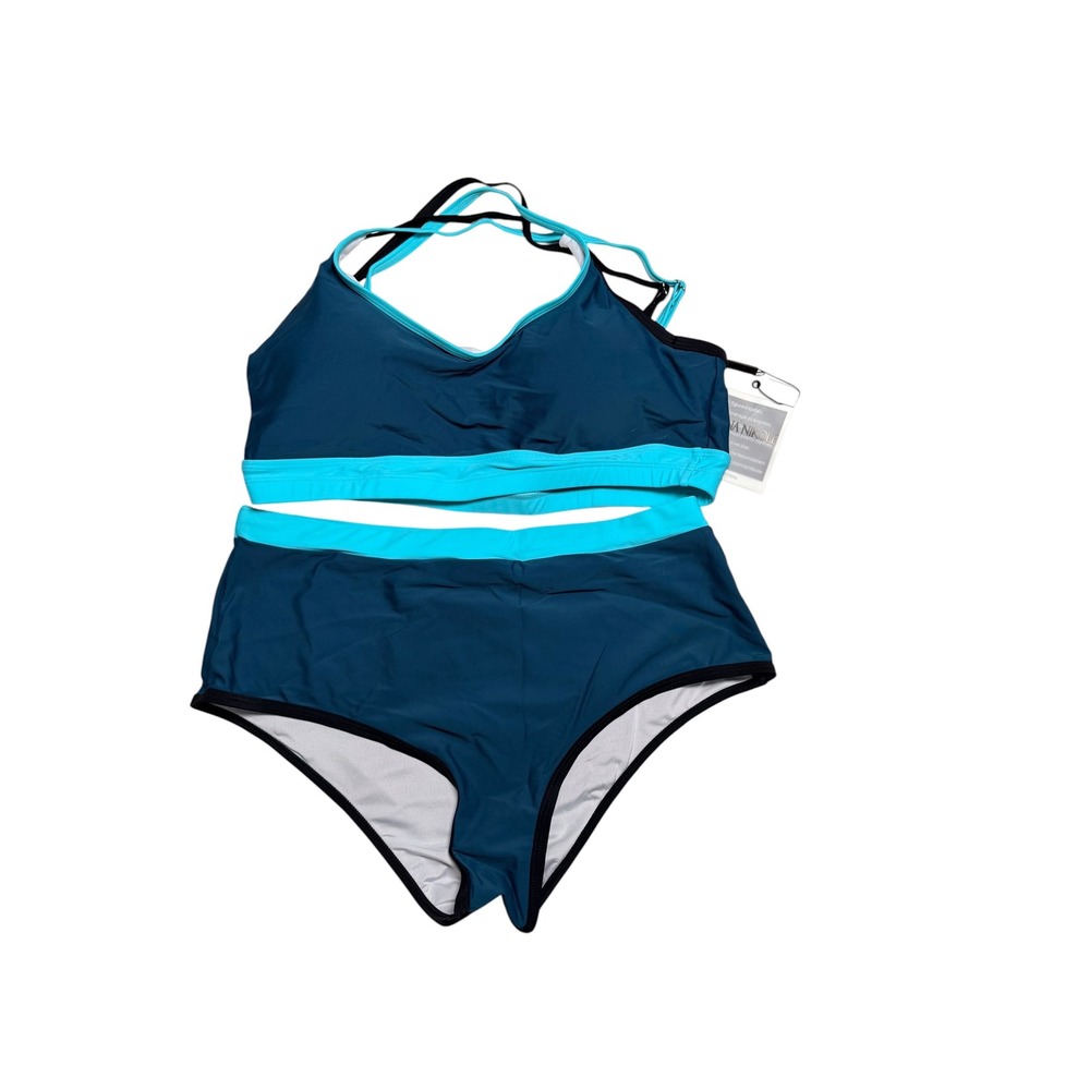 Hanna Nikole Women XL Teal Colorblock High Waisted Two Piece Bikini Swimsuit NEW